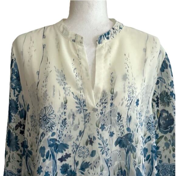 Soft Surroundings Ivory Blue Floral VNeck High Low Tunic Top Blouse Large Petite - Picture 3 of 12